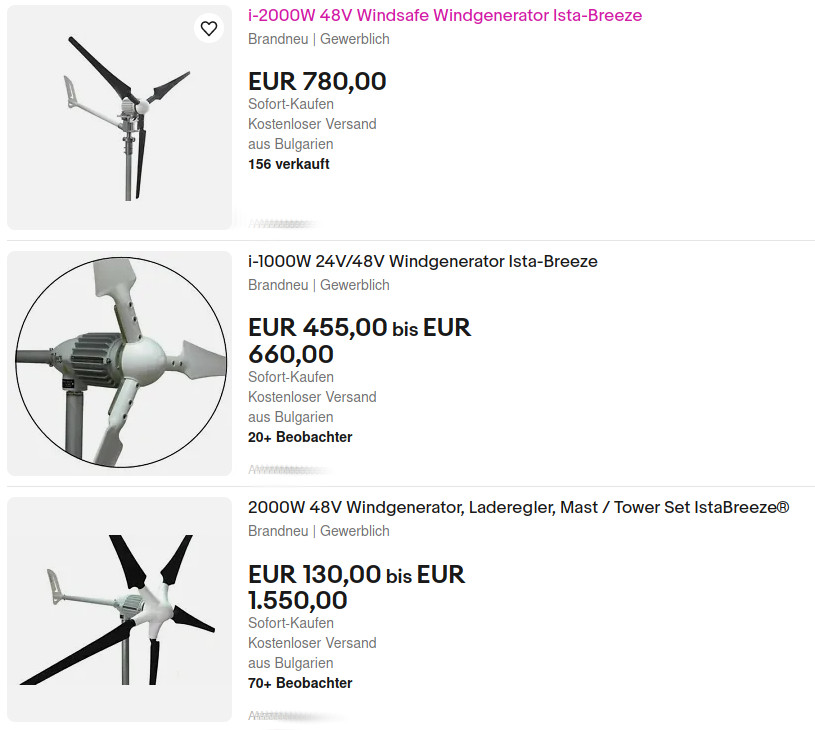 Hinweis: auch wenn an dem Metall Teil steht "Designed in Germany", Produziert werden diese Windräder alle in Fernost... aber scheinbar (Alle Angaben ohne Gewähr) liefern diese Windanlagen wenigstens auch die Watt die angegeben sind. https://www.ebay.de/sch/i.html?_from=R40&_nkw=ista+breeze&_sacat=0