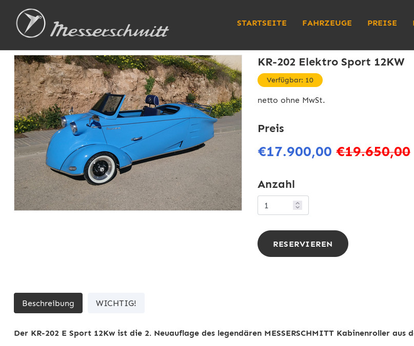 Das Fahrzeug ist natürlich auch mit Hardtop (Dach) lieferbar ( Preis plus €2.900,00 ) https://messerschmitt-werke.de/product/KR-202-E-Sport